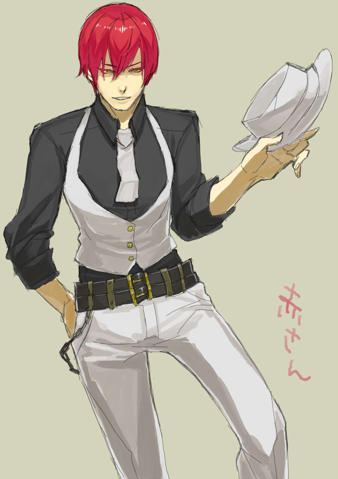 alternate_color, blazblue, chains, hat, hazama, male, red_hair, redhead, simple_background, yellow_eyes, yuuki_terumi