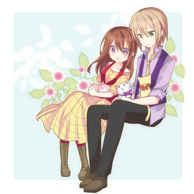 boots, brown_hair, cat, cross-laced_footwear, green_eyes, harvest_moon, harvest_moon:_the_tale_of_two_towns, harvest_moon_twin_villages