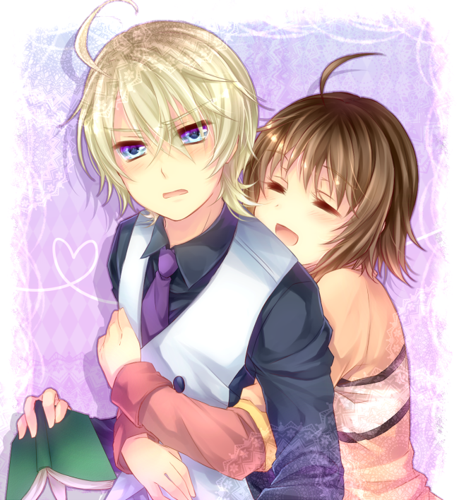 1girl, ahoge, angela_(harvest_moon), blonde_hair, blue_eyes, book, brown_hair, closed_eyes, couple, eyes_closed, gill_(harvest_moon), harvest_moon, harvest_moon_tree_of_tranquility, hug, hug_from_behind, necktie, short_hair, yunaminato, yuuna_minato