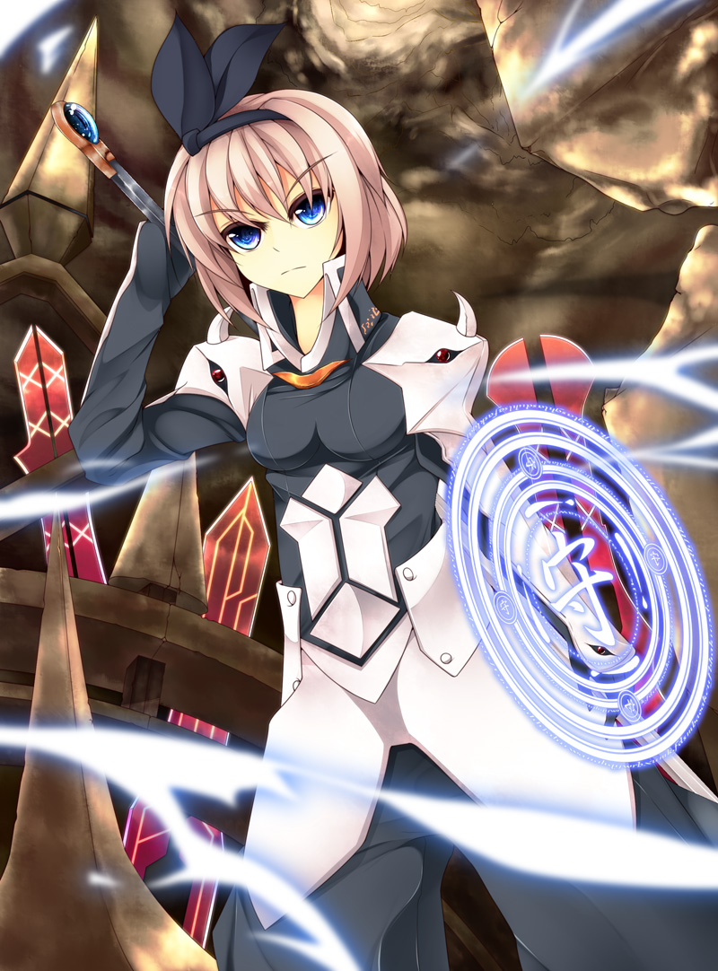 armor, bad_id, blazblue, blue_eyes, bodysuit, breasts, commentary_request, cosplay