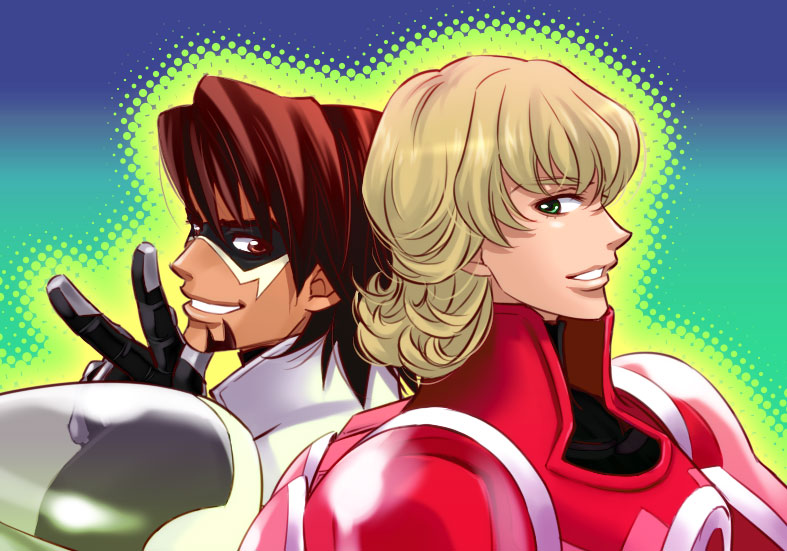 barnaby_brooks_jr, blonde_hair, brown_eyes, brown_hair, facial_hair, green_eyes, kaburagi_t_kotetsu, male, mask, multiple_boys, mxnanase, power_armor, power_suit, short_hair, stubble, superhero, tiger_&amp;_bunny, v, wild_tiger