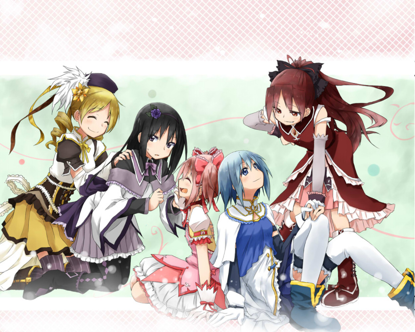 ^_^, adapted_costume, akemi_homura, beret, black_eyes, black_hair, blonde_hair, blue_hair
