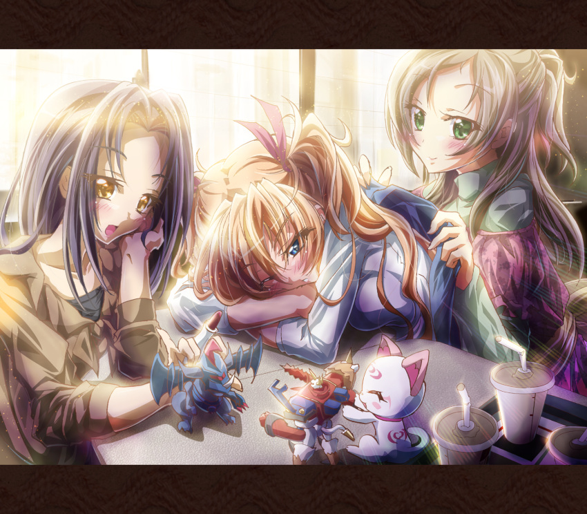 blue_eyes, blush, brown_hair, character_request, digimon, digimon_xros_wars, green_eyes, hair_ribbon, highres, houjou_hibiki, hummy_(suite_precure), ikatomo, inoshishi_(ikatomo), kurokawa_ellen, letterboxed, long_hair, metalgreymon_(xros_wars), minamino_kanade, multiple_girls, orange_hair, precure, purple_hair, ribbon, shoutmon_x4, siren_(suite_precure), sleeves_pushed_up, smile, suite_precure, toy, yellow_eyes