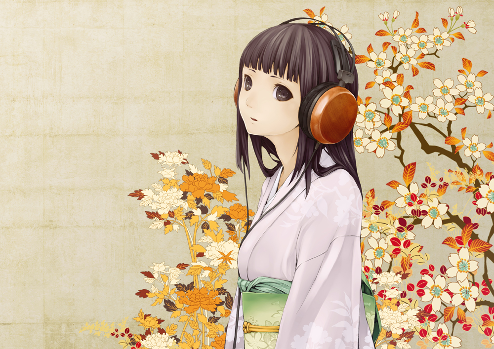 black_eyes, black_hair, blunt_bangs, flower, headphones, japanese_clothes, kanden, kimono, long_hair, obi, original, solo