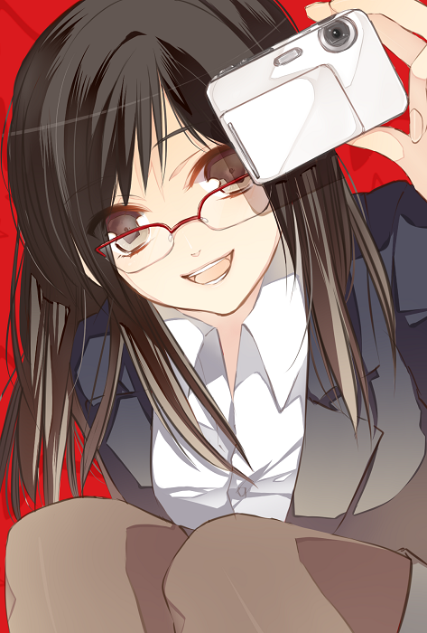 bad_id, black_hair, black_legwear, brown_eyes, camera, glasses, open_mouth, pantyhose