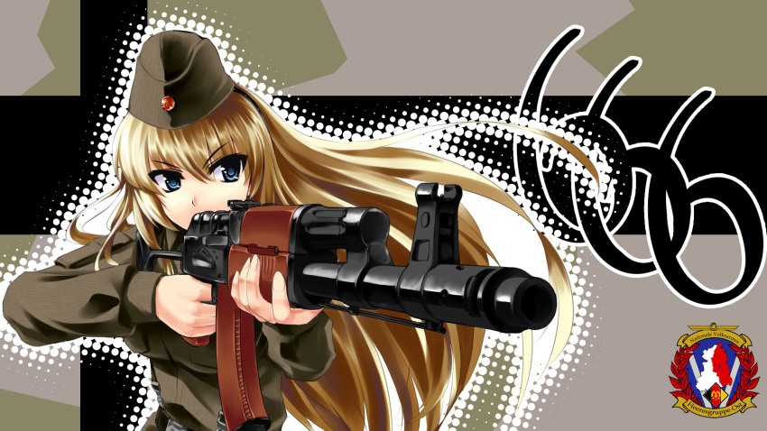 aiming, ak-74, assault_rifle, blonde_hair, blue_eyes, east_german, garrison_cap, gun