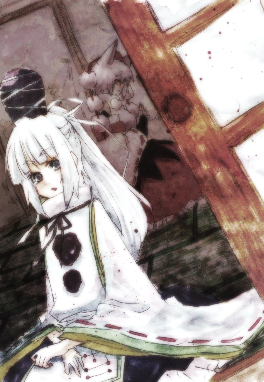 animal_ears, detached_sleeves, grey_eyes, hat, highres, hotmilkice, ice_(aitsugai), inubashiri_momiji, japanese_clothes, mononobe_no_futo, multiple_girls, open_mouth, ponytail, red_eyes, ribbon, short_hair, silver_hair, skirt, tail, tate_eboshi, tokin_hat, touhou, white_hair, wolf_ears, wolf_tail