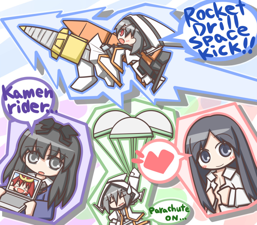 black_eyes, black_hair, blush_stickers, bow, computer, drill, eyeliner, female, genderswap, heart, joujima_yuuki, kalendar, kamen_rider, kamen_rider_fourze, kamen_rider_fourze_(series), kamen_rider_kuuga, kamen_rider_kuuga_(series), laptop, long_hair, nozama_tomoko, parachute, personification, red_eyes, rider-tan, rocket, spoken_heart, thumbs_up
