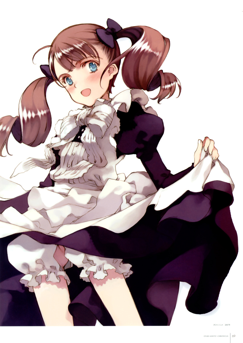 absurdres, bloomers, blue_eyes, blush, bow, brown_hair, crotchless_panties, hair_bow, hair_ribbon, highres, lolita_fashion, long_hair, maid, ooyari_ashito, panties, ribbon, robinetta_ashley, rondo_leaflet, skirt, skirt_lift, smile, solo, twintails, underwear