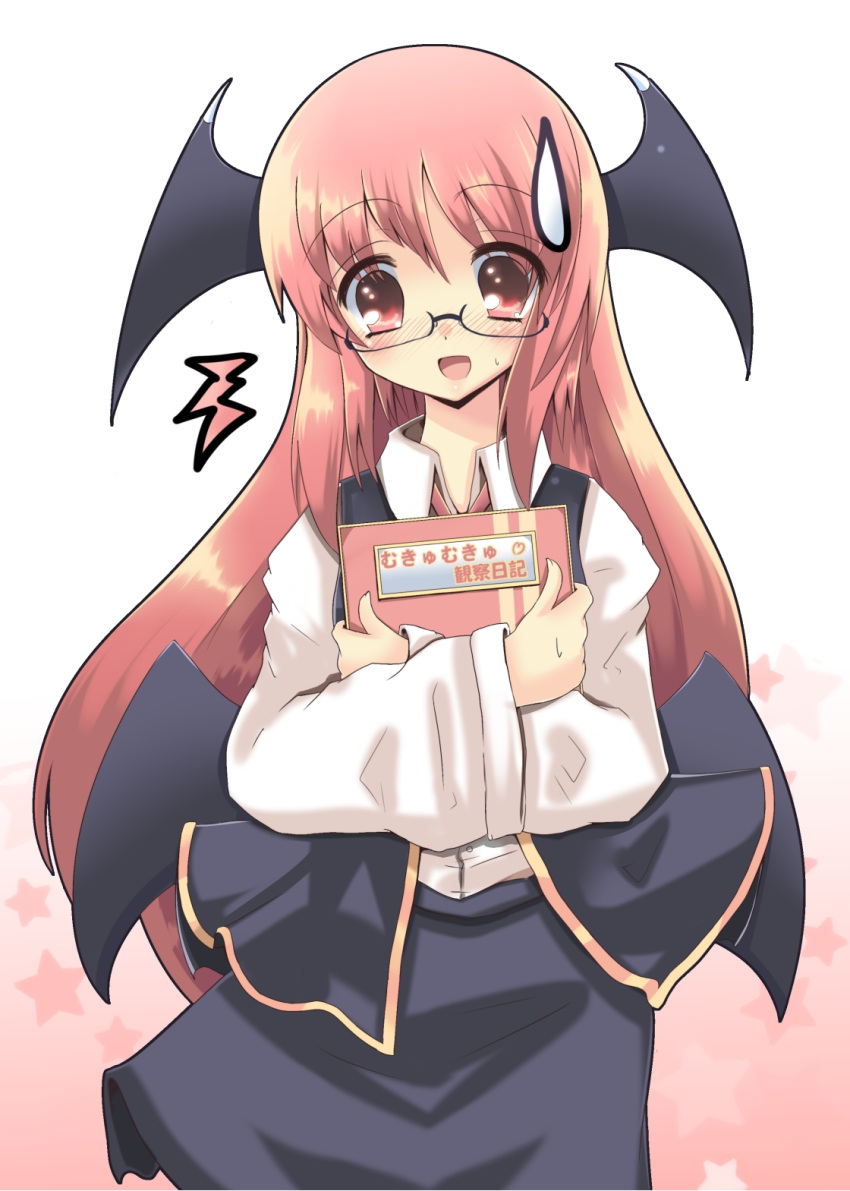 1girl, :d, bat_wings, bespectacled, blush, book, dress_shirt, glasses