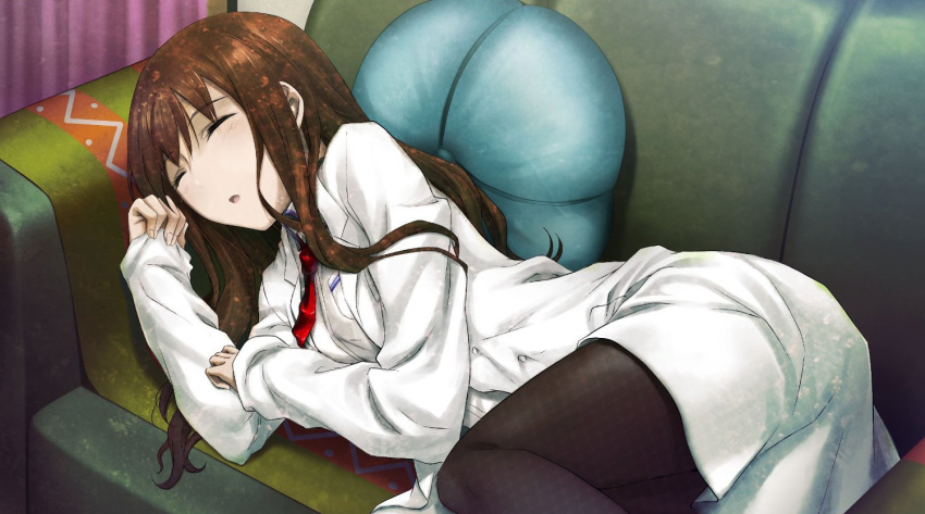 brown_hair, game_cg, huke, jpeg_artifacts, long_hair, makise_kurisu, necktie, pantyhose, robe, sleep, sleeping, steins;gate, tie