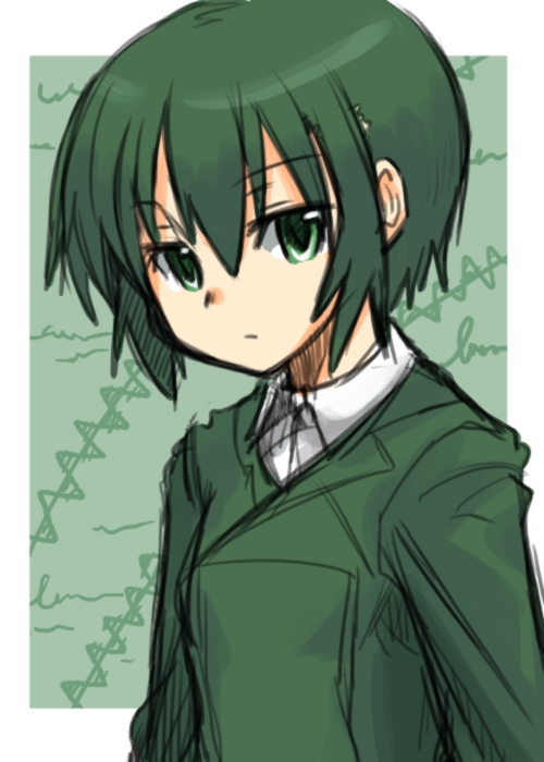 bust, choutako, emotionless, expressionless, face, flat_chest, formal, green_eyes