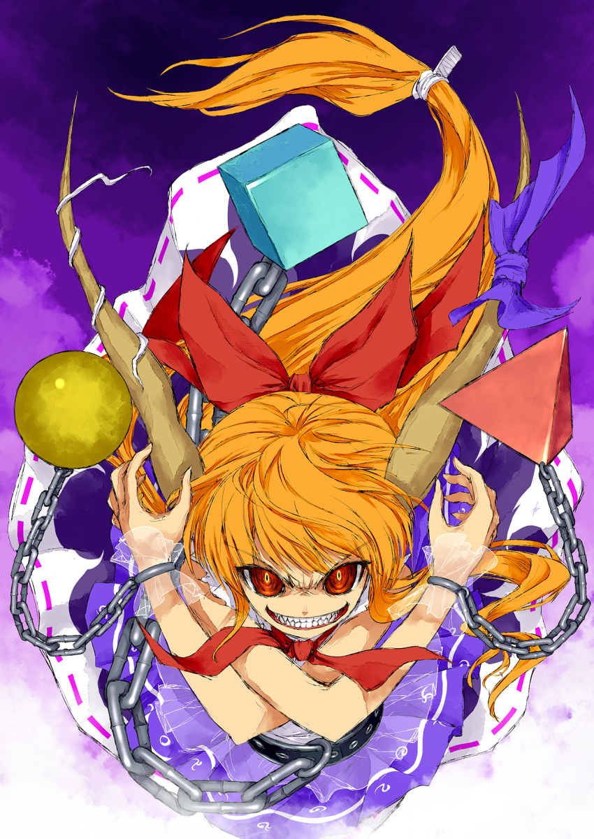 blonde_hair, chain, chains, ebizome, evil_grin, evil_smile, grin, highres