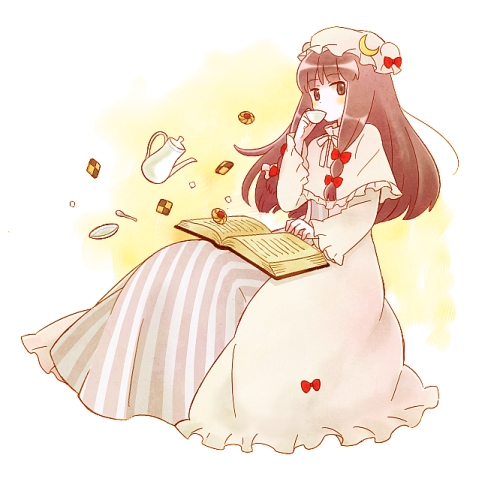 blush, book, cookie, crescent, cup, dress, drink, food