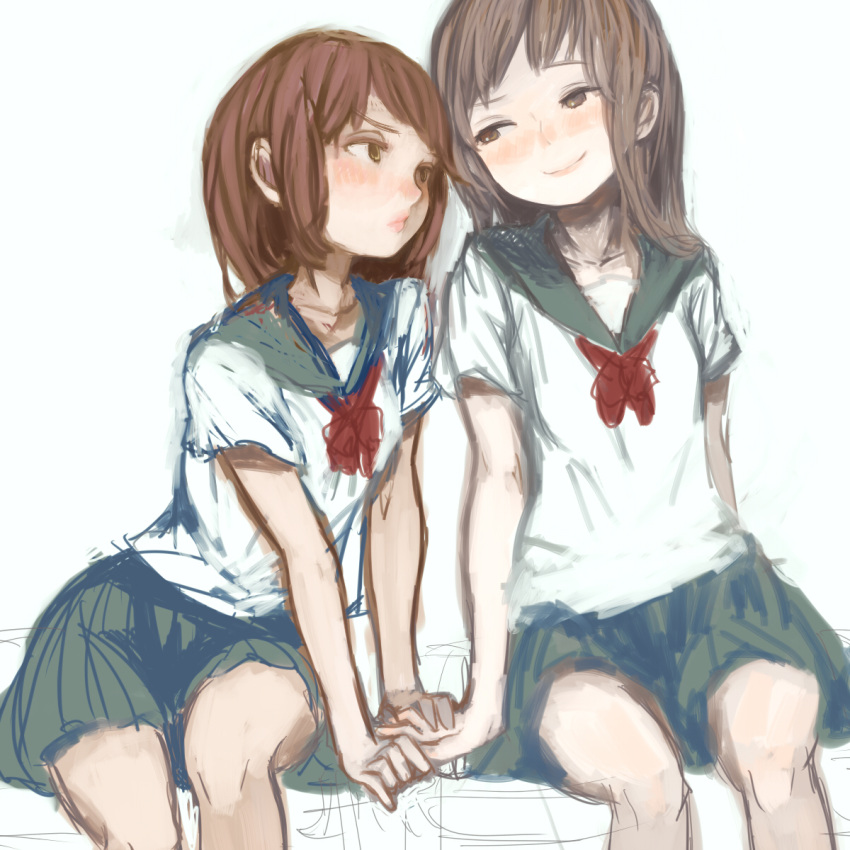 blush, brown_hair, copyright_request, face, han_(aiueo), hand_holding, hands, highres, holding_hands, multiple_girls, pleated_skirt, pout, school_uniform, serafuku, short_sleeves, sitting, sketch, skirt, smile, yuri