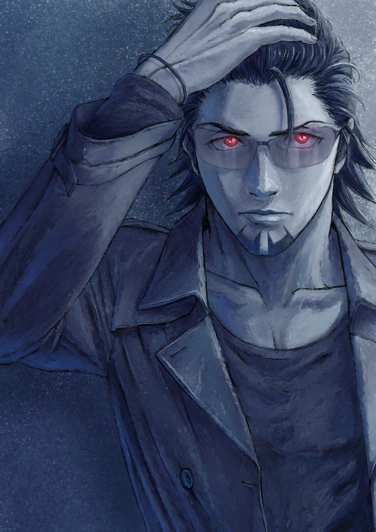 bad_id, bibirii, dark_persona, ebitetsu, facial_hair, jacket, male, narcissusid, red_eyes, short_hair, slit_pupils, solo, stubble, sunglasses, tiger_&amp;_bunny