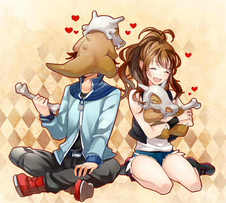 animal_hug, animal_on_head, argyle, argyle_background, belt, bone, brown_hair, buckle