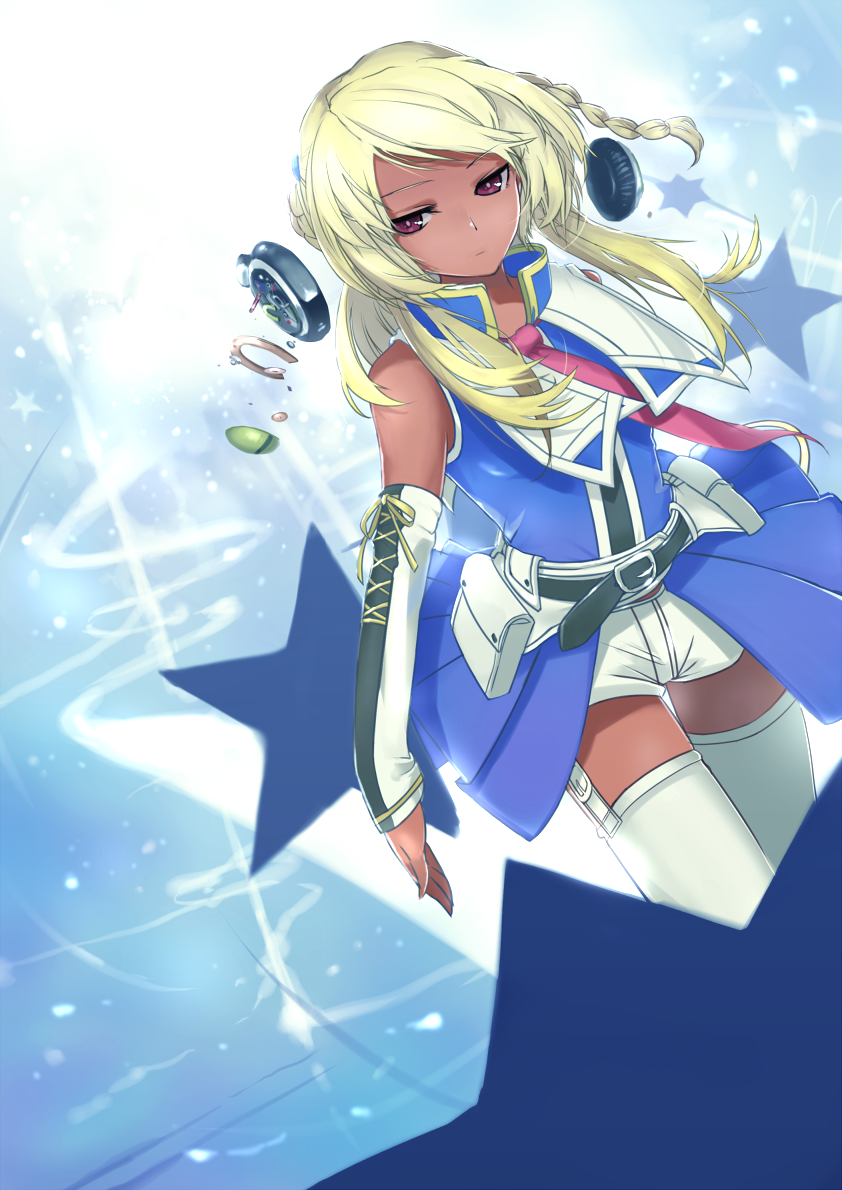 beatmania_iidx, belt, blonde_hair, braid, broken, cozyquilt, dark_skin, detached_sleeves