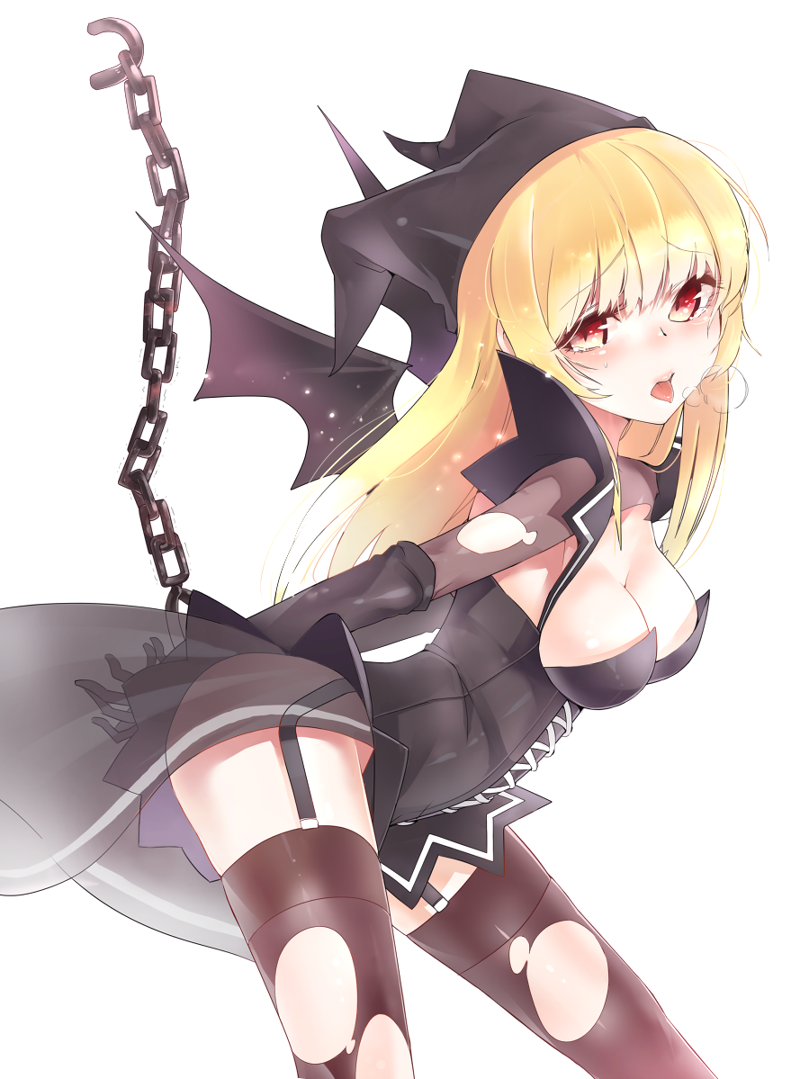 1girl, blonde_hair, blush, breasts, breath, brown_legwear, chain, chains