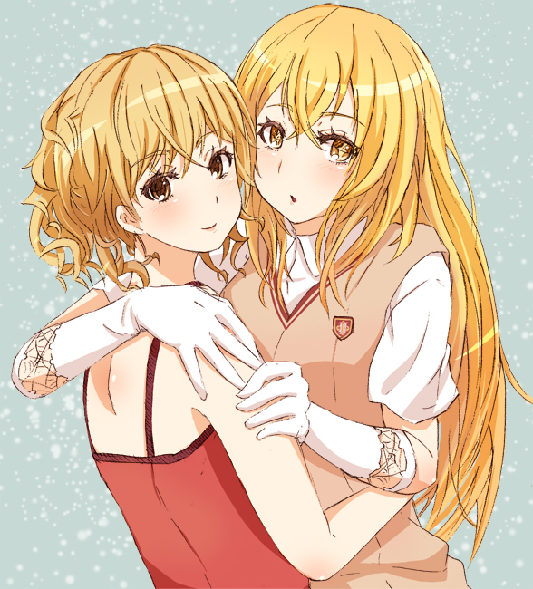 bare_shoulders, blonde_hair, blush, dress, gloves, long_hair, multiple_girls, osakana_(youkina_kabe)