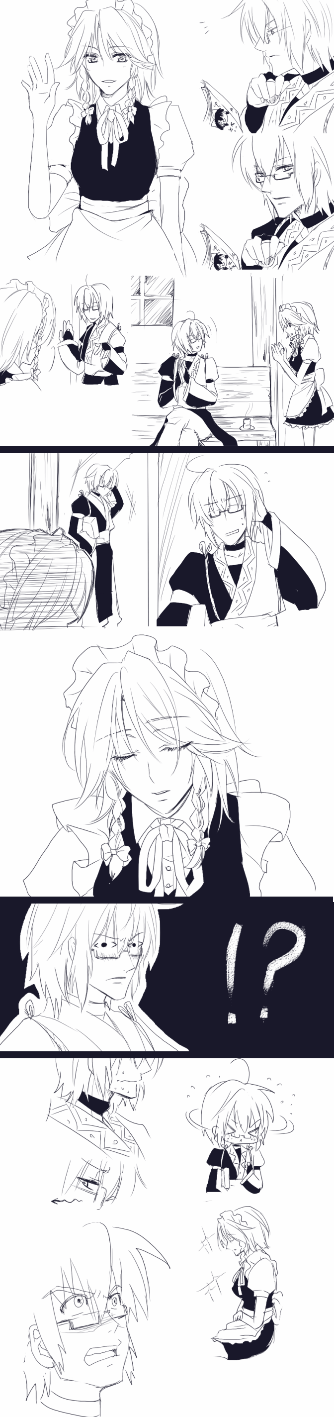 absurdres, comic, highres, izayoi_sakuya, kotomi, maid, monochrome, morichika_rinnosuke