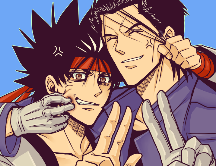 anger_vein, cheek_pinch, cheek_pinching, gloves, hair_pull, kuroto0101, male, multiple_boys