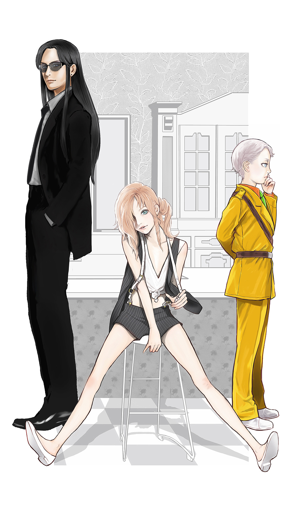 androgynous, black_hair, blonde_hair, ebba, formal, highres, jack_barbarosa_bancoran, long_hair, male, maraich_juschenfe, multiple_boys, patalliro!, patalliro_du_malyner_viii, short_hair, sitting, standing, suit, sunglasses, trap, uniform