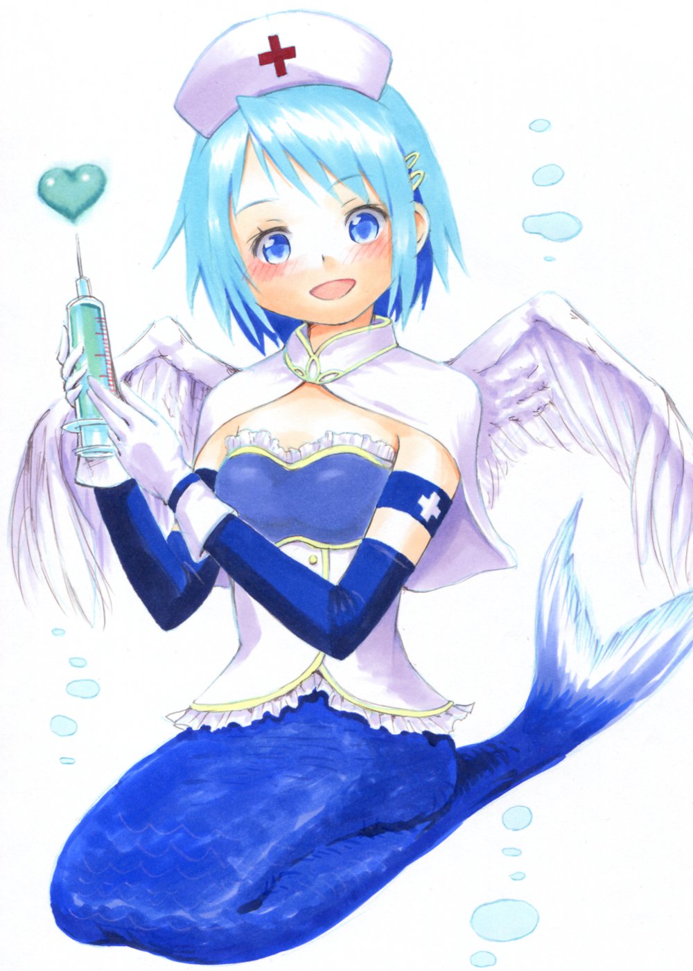 blue_eyes, blue_hair, gloves, graphite_(medium), hat, highres, magical_girl, mahou_shoujo_madoka_magica