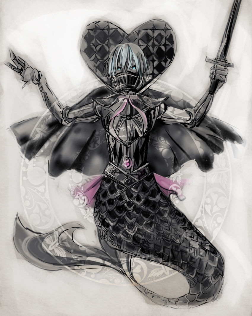 blue_eyes, blue_hair, magical_girl, mahou_shoujo_madoka_magica, mermaid, miki_sayaka, monster_girl, muted_color, muted_colors, oktavia_von_seckendorff, short_hair, solo, spoilers, sword, tor, weapon
