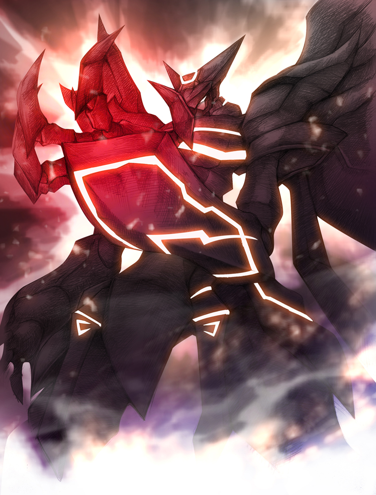 claws, fog, glowing, glowing_eyes, haganef, mecha, no_humans, solo