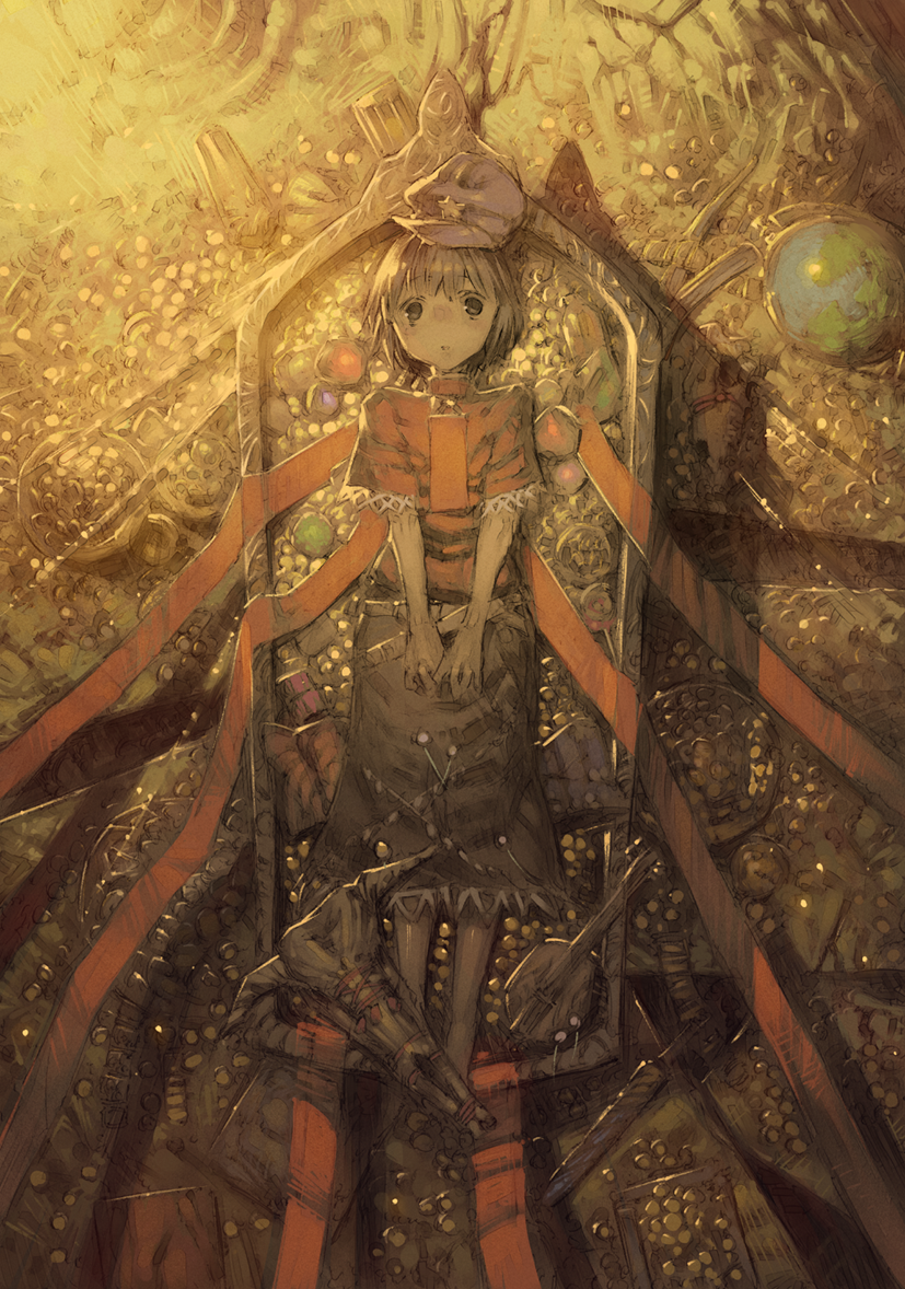 :o, animal_skull, blue_hair, chomoran, coffin, cow_skull, from_above, globe, gold, hands_on_lap, hat, instrument, looking_at_viewer, lying, miyako_yoshika, on_back, ribbon, shamisen, short_hair, skirt, skull, solo, touhou, treasure, v_arms
