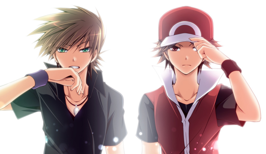 alternate_costume, alternate_headwear, baseball_cap, brown_eyes, brown_hair, clenched_teeth, green_eyes, hand_on_hat