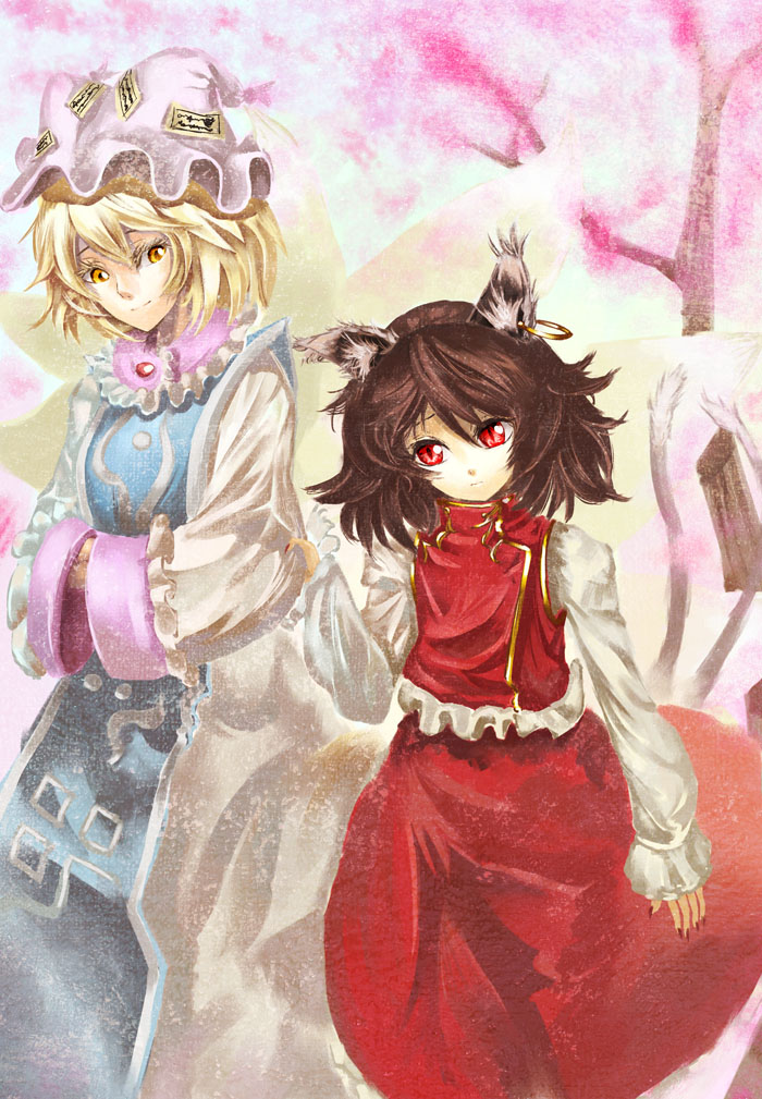 chen, cherry_blossoms, hands_in_sleeves, multiple_girls, nail_polish, no_hat, no_headwear, red_eyes