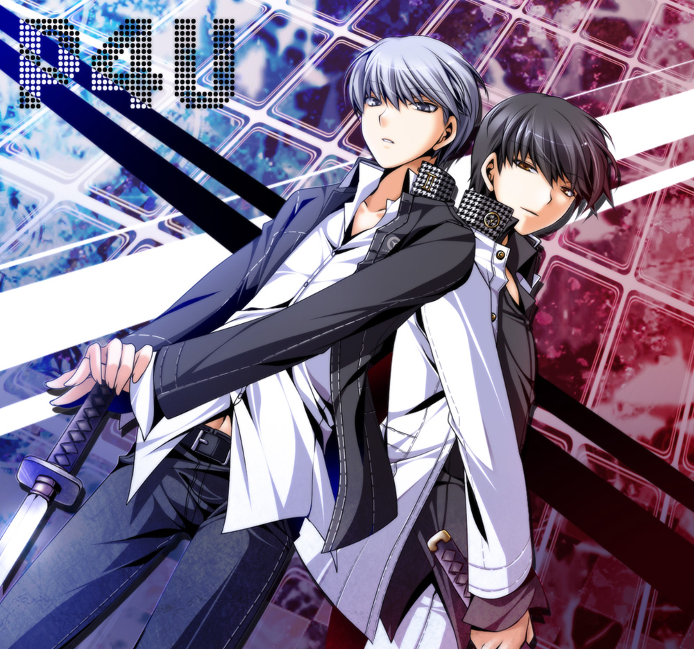 black_hair, brown_eyes, dual_persona, grey_eyes, katana, male, mao_(core), mayokichi