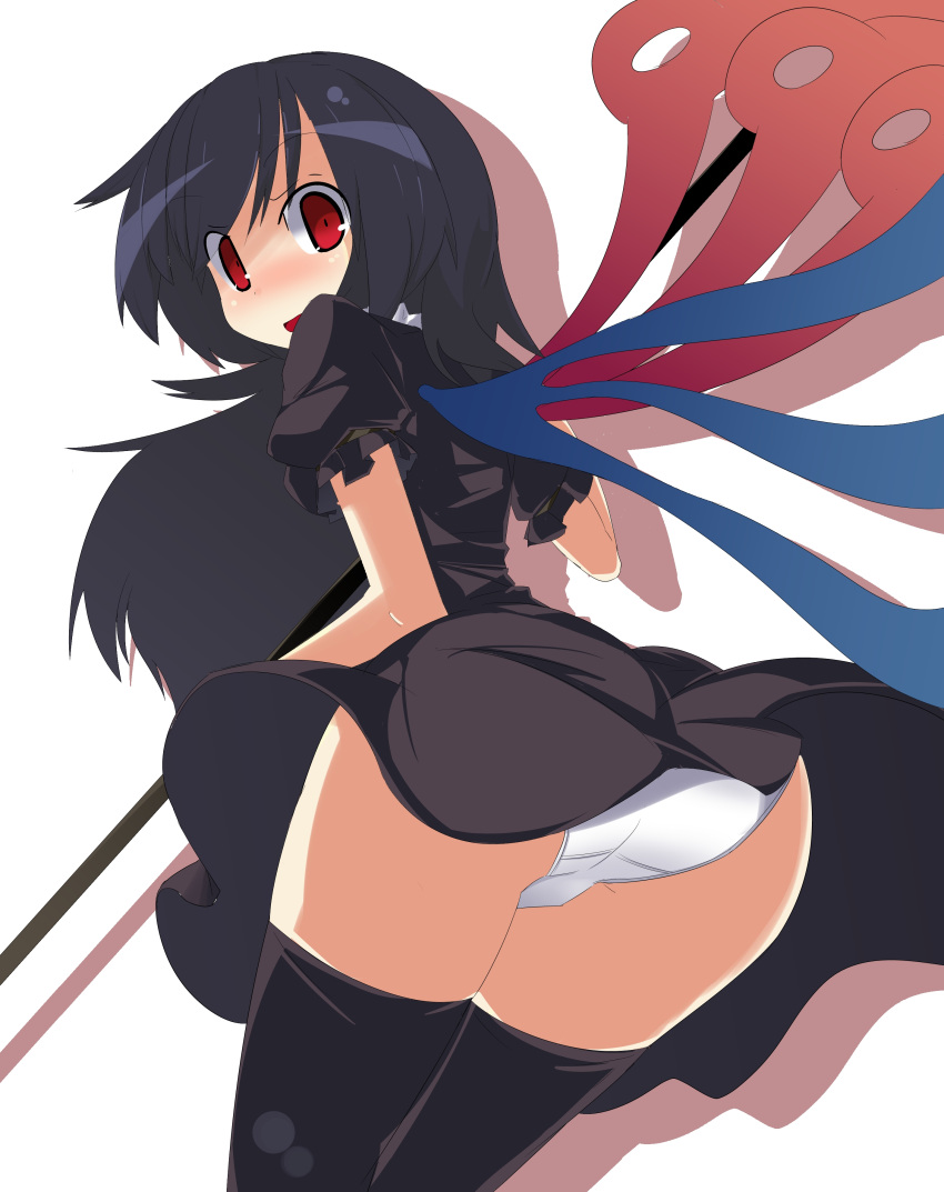 absurdres, ass, asymmetrical_wings, black_dress, black_hair, black_legwear, dress, from_behind