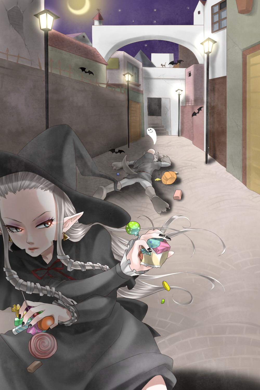 alternate_costume, animal, animal_costume, animal_ears, bat, belt, big_bad_wolf_(cosplay), big_bad_wolf_(grimm), blonde_hair, blue_eyes, bow, building, candy, cat, chocolate, city, cosplay, costume, crescent_moon, earrings, food, ghost, gloves, halloween, hat, head_bump, highres, injury, jack-o'-lantern, jack-o'-lantern, jewelry, lamppost, legemd, link, little_red_riding_hood, lollipop, long_hair, lying, moon, nail_polish, night, nintendo, pointy_ears, princess_zelda, pumpkin, ribbon, robbery, running, short_hair, steal, tail, the_legend_of_zelda, theft, thief, wasabi_(legemd), witch_hat, wolf, wolf_costume, wolf_ears, wolf_tail