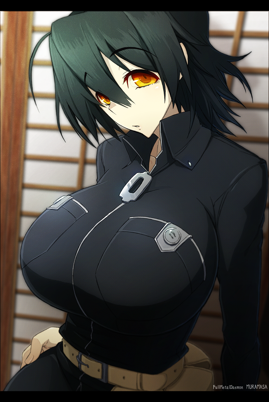 belt, black_hair, breasts, dougan_calpis_con, genderswap, highres, huge_breasts, impossible_clothes