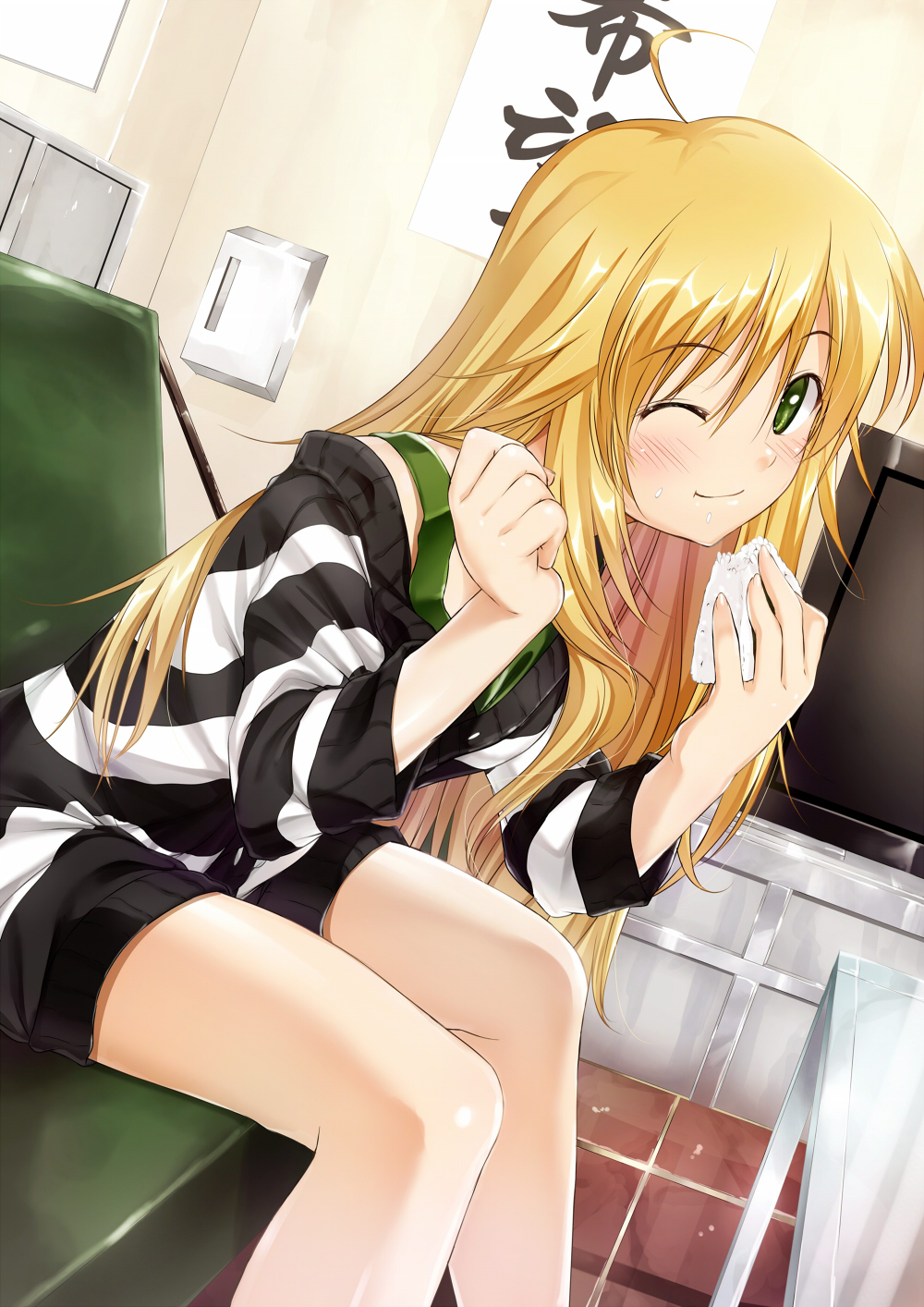 ahoge, blonde_hair, blush, eating, food, food_on_face, green_eyes, highres