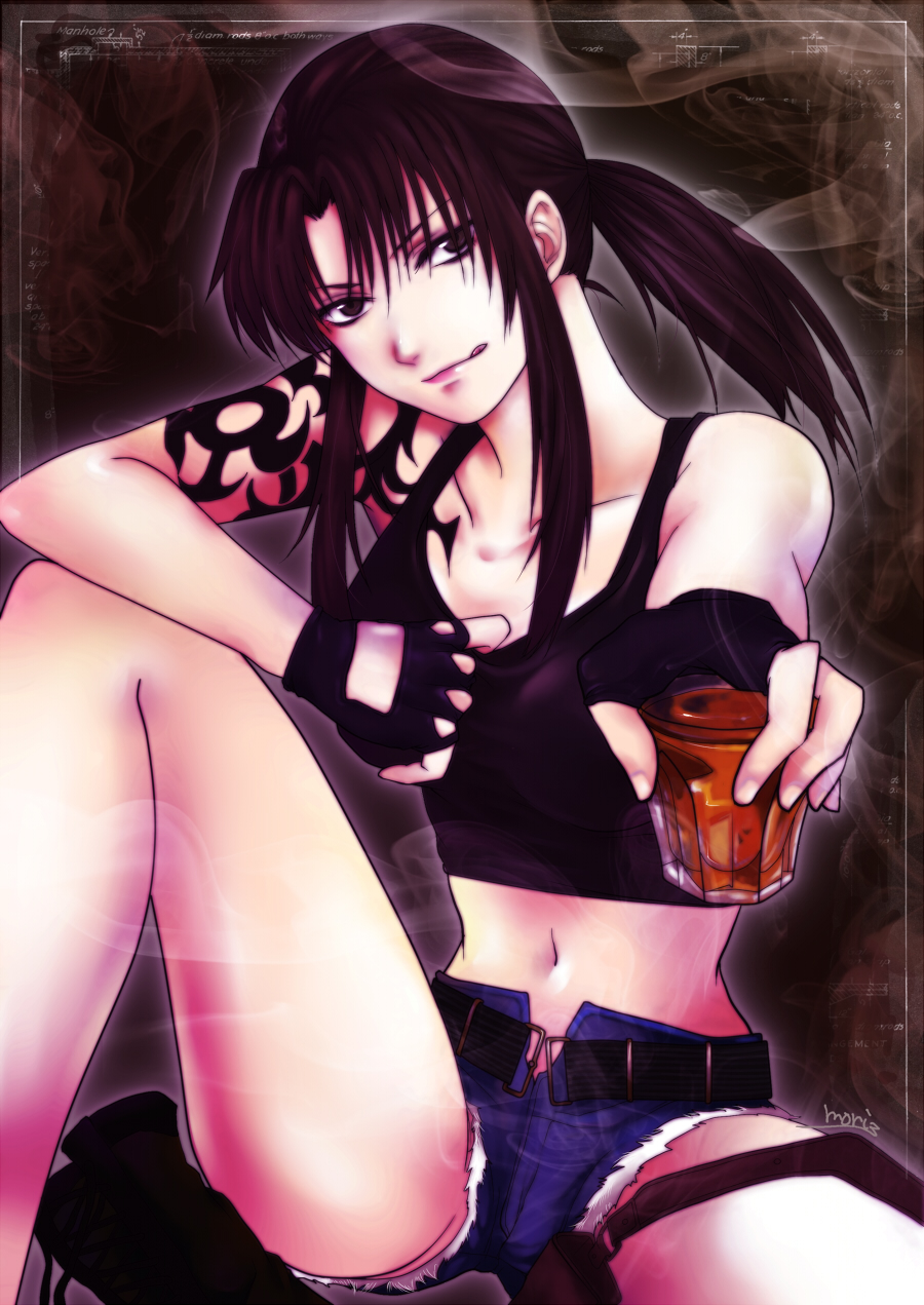 alcohol, bare_legs, bare_shoulders, belt, black_lagoon, brown_eyes, brown_hair, collarbone