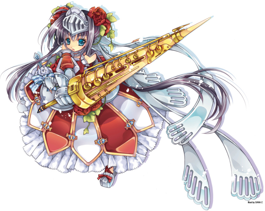 armor, armored_dress, black_hair, blue_eyes, dress, flower, frills, gathers