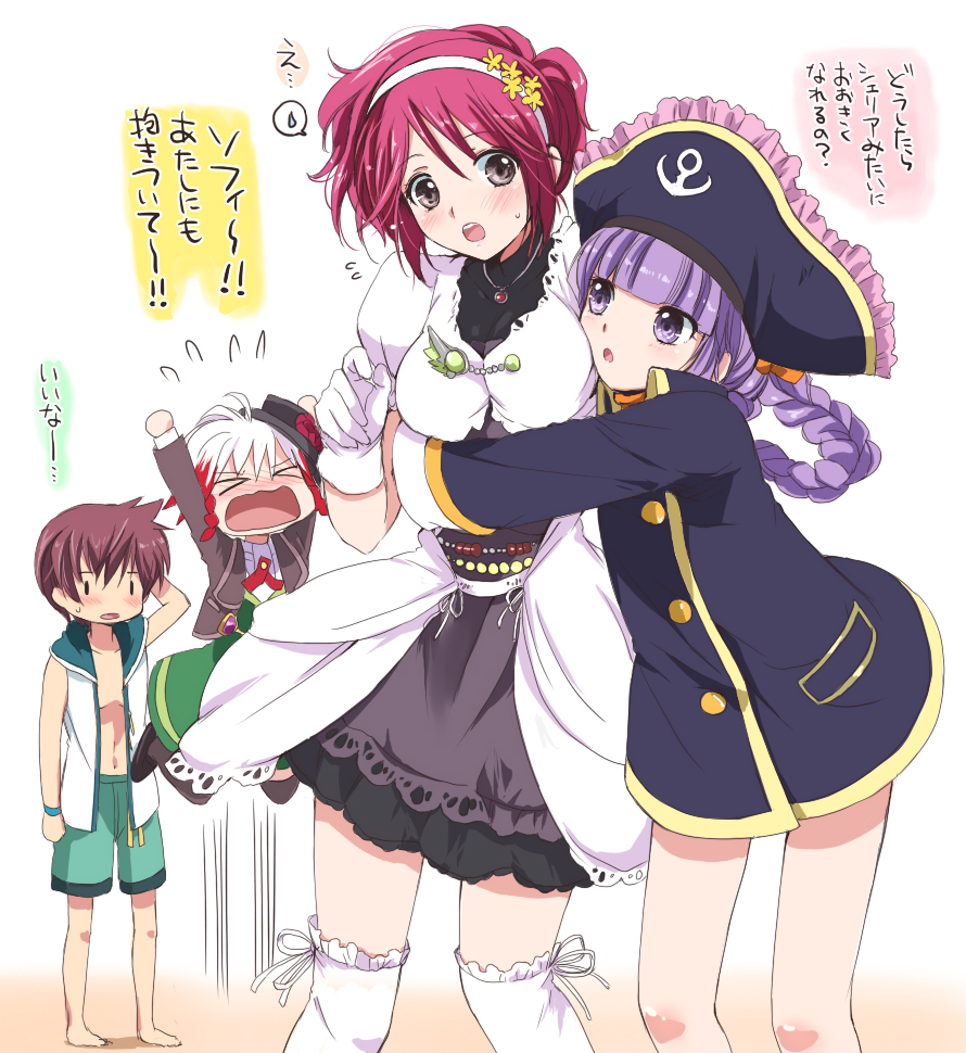 >_<, 3girls, angry, asbel_lhant, barefoot, braid, breast_envy, cheria_barnes, cosplay, hat, hug, hug_from_behind, jumping, kurimomo, multicolored_hair, multiple_girls, pascal, patty_fleur, patty_fleur_(cosplay), pirate_hat, purple_hair, red_hair, shorts, sophie_(tales_of_graces), tales_of_(series), tales_of_graces, thighhighs, translated, two-tone_hair