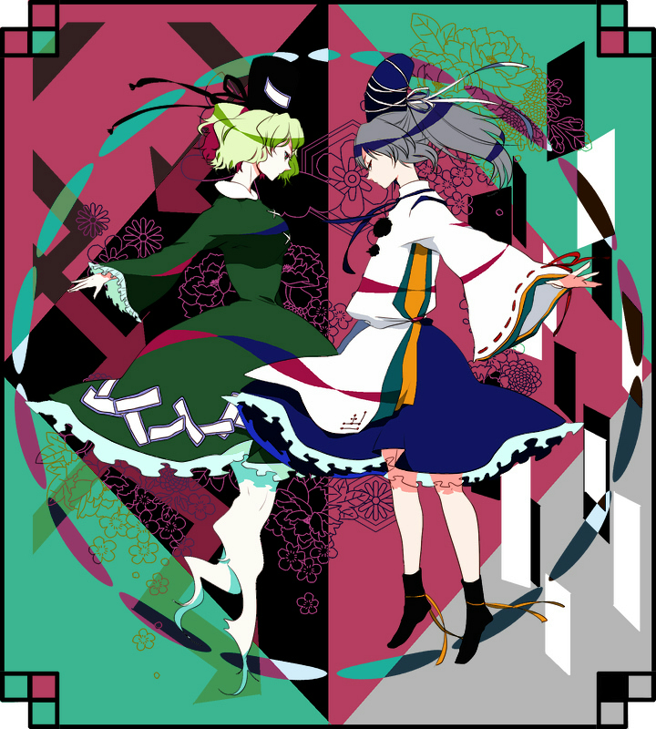 2girls, dress, flower, ghost, green_hair, grey_hair, hat, japanese_clothes
