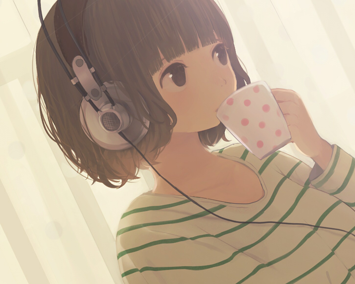 brown_eyes, brown_hair, cup, drinking, dutch_angle, face, headphones, hinata_(lipcream)