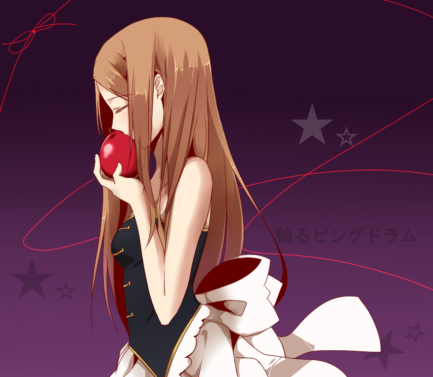 bad_id, bare_shoulders, brown_hair, closed_eyes, double-h_(mawaru_penguindrum), eyes_closed, food, fruit