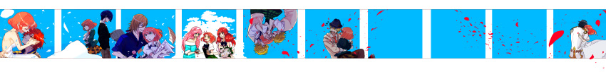 absurdres, aijima_cecil, black_hair, blazer, blonde_hair, blue_eyes, blue_hair, blush, brown_hair, carrying, closed_eyes, dark_skin, dress, eyes_closed, flower, haru_urara, highres, hijirikawa_masato, hug, ichinose_tokiya, ittoki_otoya, jinguuji_ren, kurusu_shou, long_hair, long_image, multiple_boys, nanami_haruka, necktie, orange_hair, petals, pink_hair, plaid, plaid_skirt, red_eyes, red_hair, redhead, ribbon, school_uniform, shibuya_tomochika, shinomiya_natsuki, shinomiya_satsuki, short_hair, skirt, smile, spoilers, trap, tsukimiya_ringo, uta_no_prince-sama, wide_image, yellow_eyes
