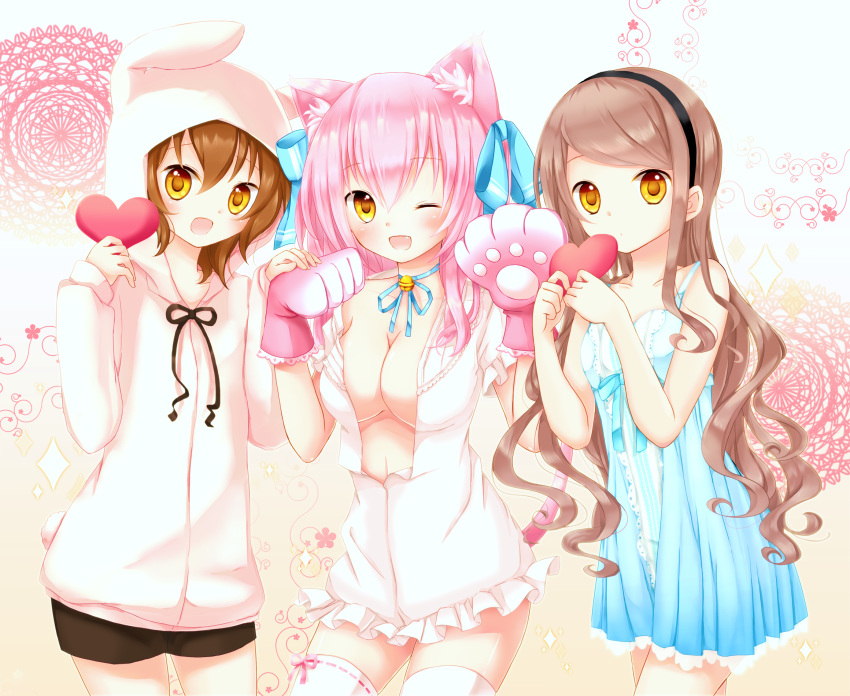 1boy, 2girls, ;d, akane_(goma), akira_(goma), animal_ears, bell, blush