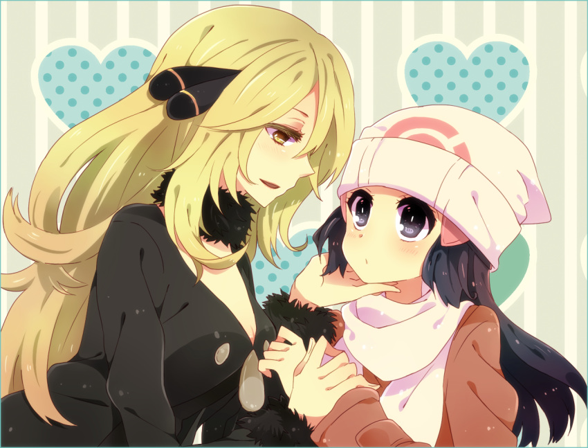 alternate_costume, black_hair, blonde_hair, hand_to_chin, hat, heart, hikari_(pokemon), hikari_(pokemon)_(remake), long_hair, multiple_girls, nicole_(usako), open_mouth, orange_eyes, pokemon, pokemon_(game), pokemon_dppt, rabbit-26, scarf, shirona_(pokemon), usako_(26), winter_clothes, yuri