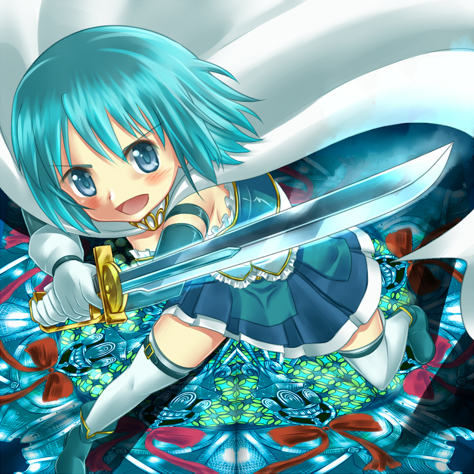 armband, armor, blue_eyes, blue_hair, cape, gloves, magical_girl, mahou_shoujo_madoka_magica