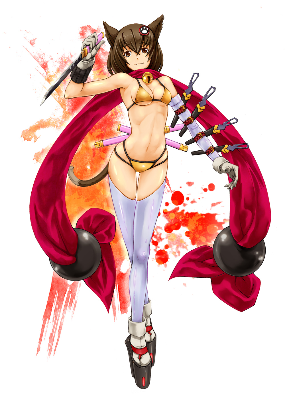 asymmetrical_clothes, asymmetrical_clothing, bare_shoulders, bell, bikini, breasts, brown_eyes, brown_hair