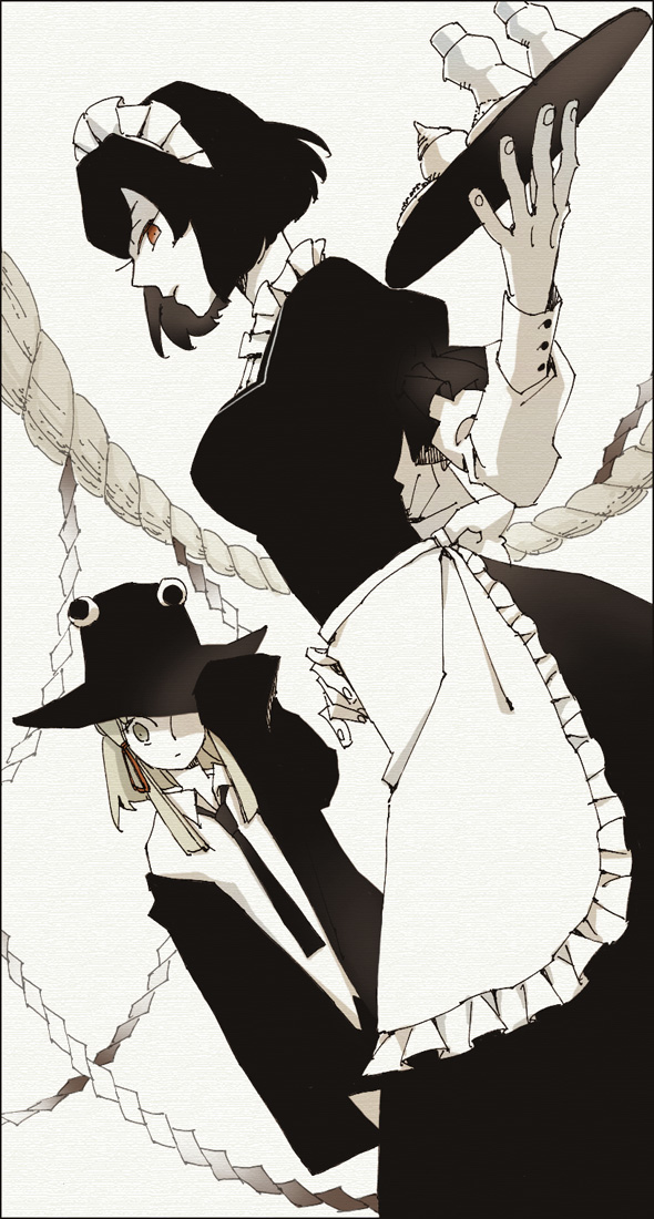 alternate_costume, apron, asasui, border, dutch_angle, enmaided, formal, maid, maid_headdress, monochrome, moriya_suwako, multiple_girls, necktie, one-eyed, shimenawa, short_hair, sleeves_past_wrists, suit, tablet, touhou, tray, yasaka_kanako